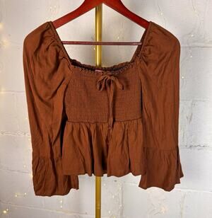 mi ami for francesca's women's S brown smocked peplum blouse bell sleeves